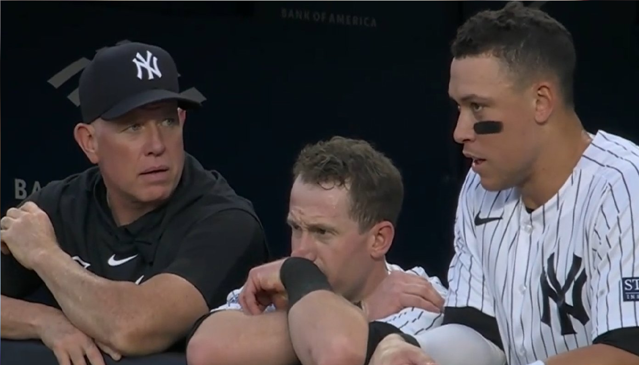 Yankees hitting coach Sean Casey is with Billy McKinney and Aaron Judge.at Yankee Stadium.