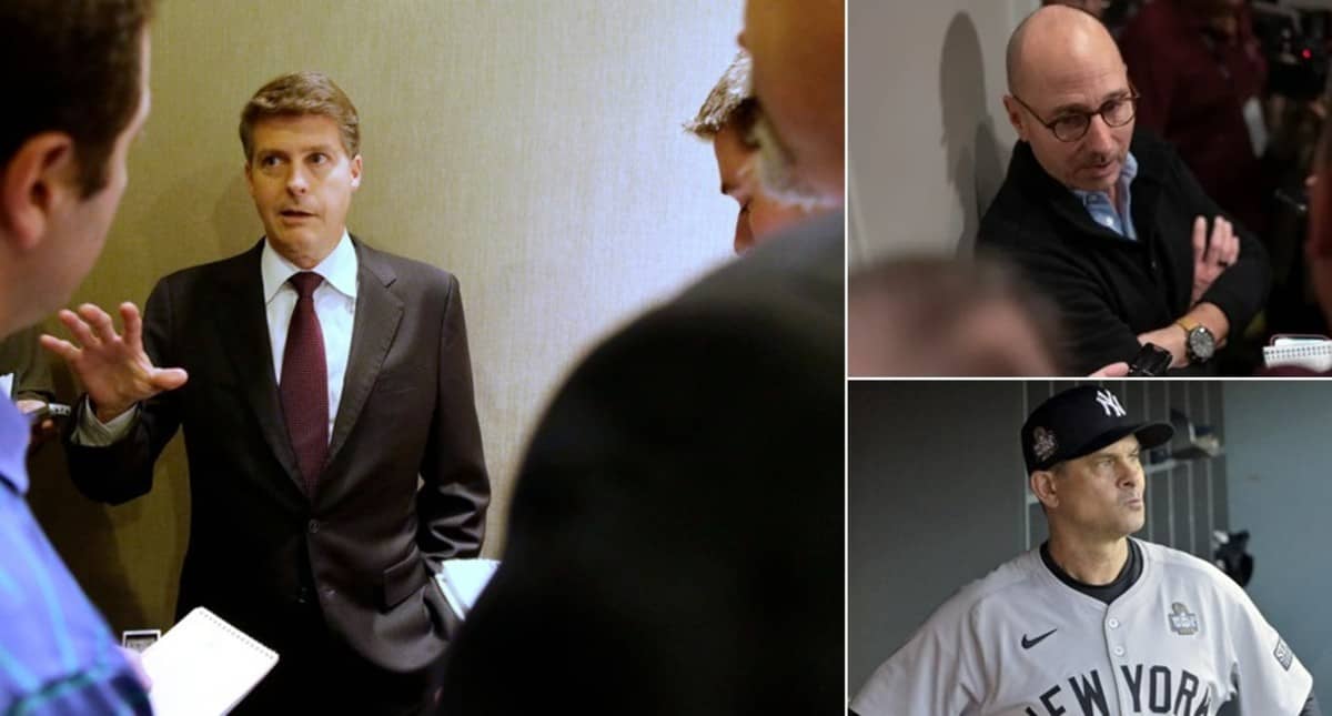 New York Yankees' managing partner Hal Steinbrenner, GM Brian Cashman, and manager Aaron Boone.