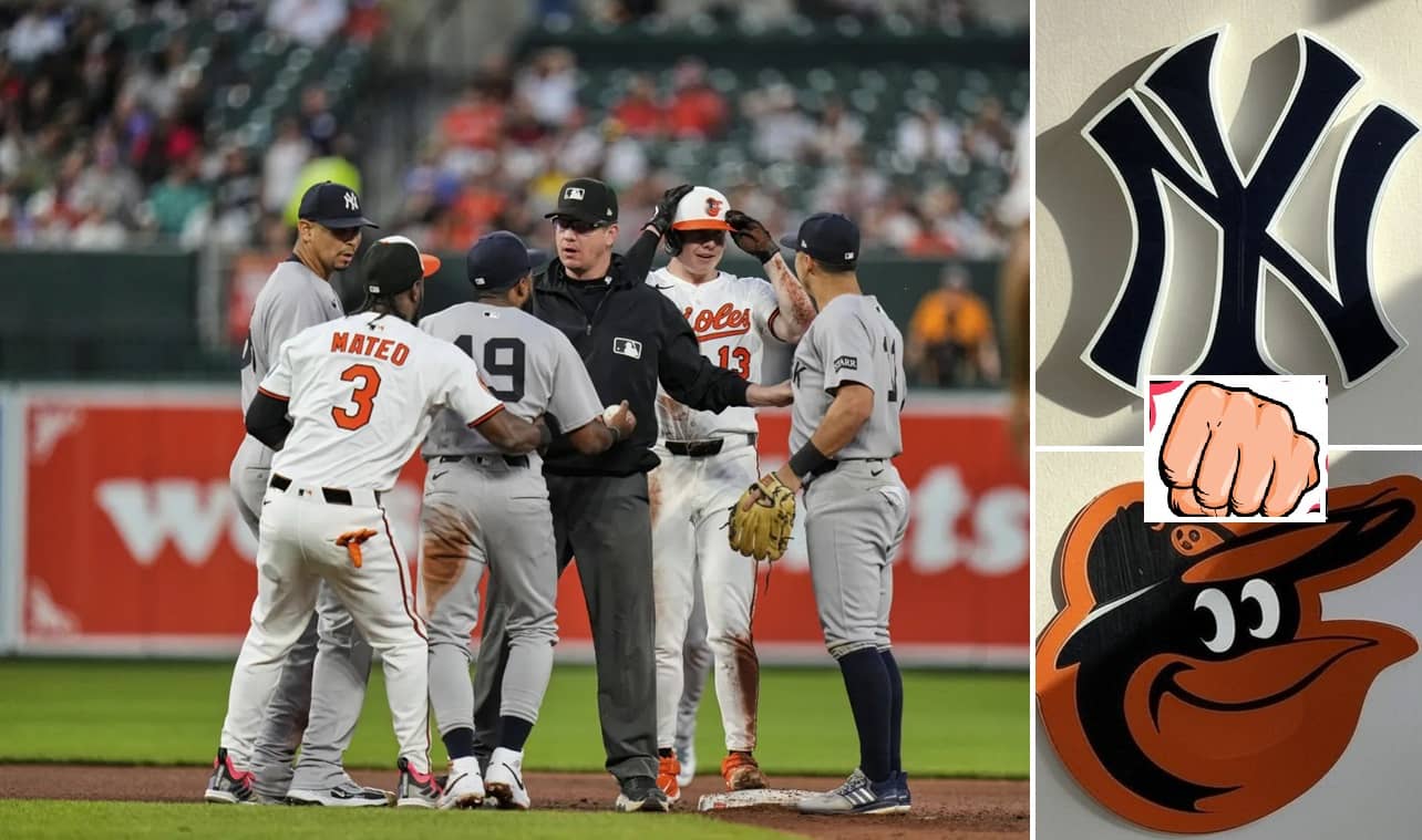 Orioles' Heston Kjerstad caused a tiff with Yankees' Pablo Reyes over latter's awkward leaping catch and both benches were cleared in Baltimore, Apr 30, 2025.