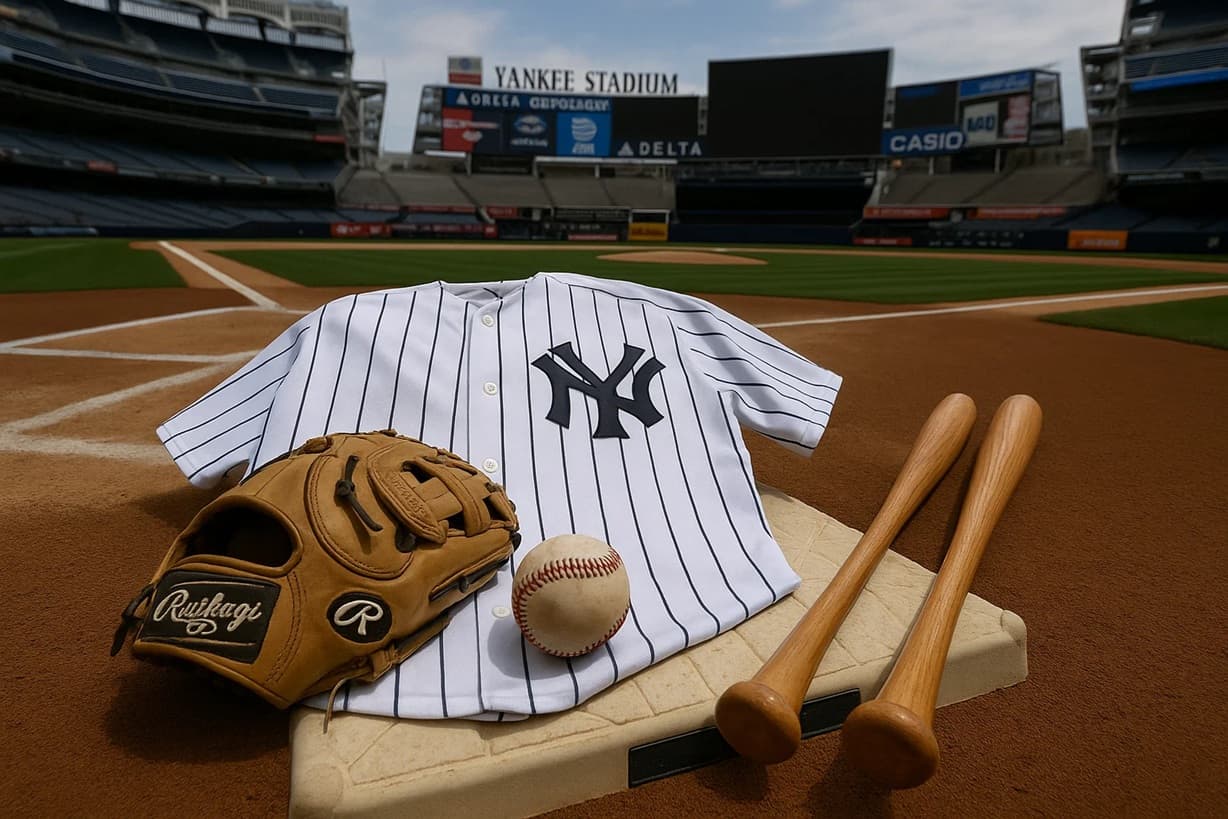 A illustration of the third base at Yankee Stadium, New York Yankees, with an pinstriped jersey, glove, ball, and baseball bats.