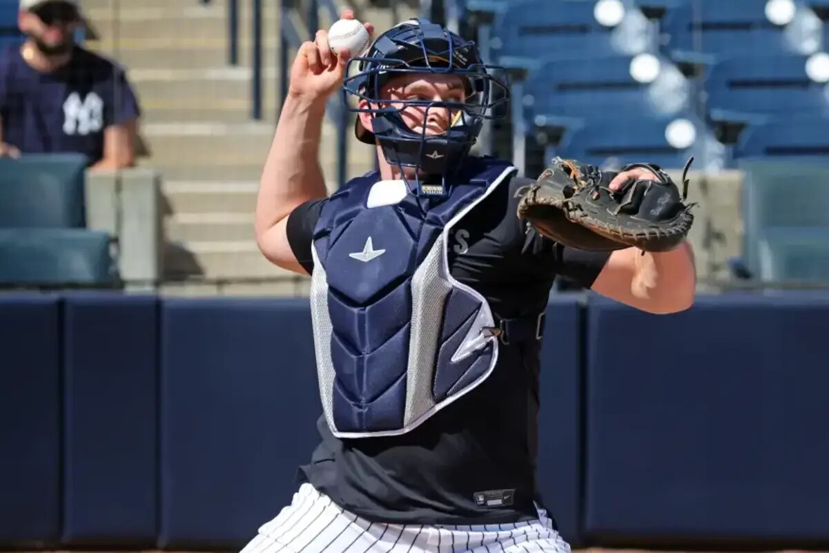 Yankees catcher Ben Rice #93, working on defensive drills at spring training at Feb. 15, 2025.