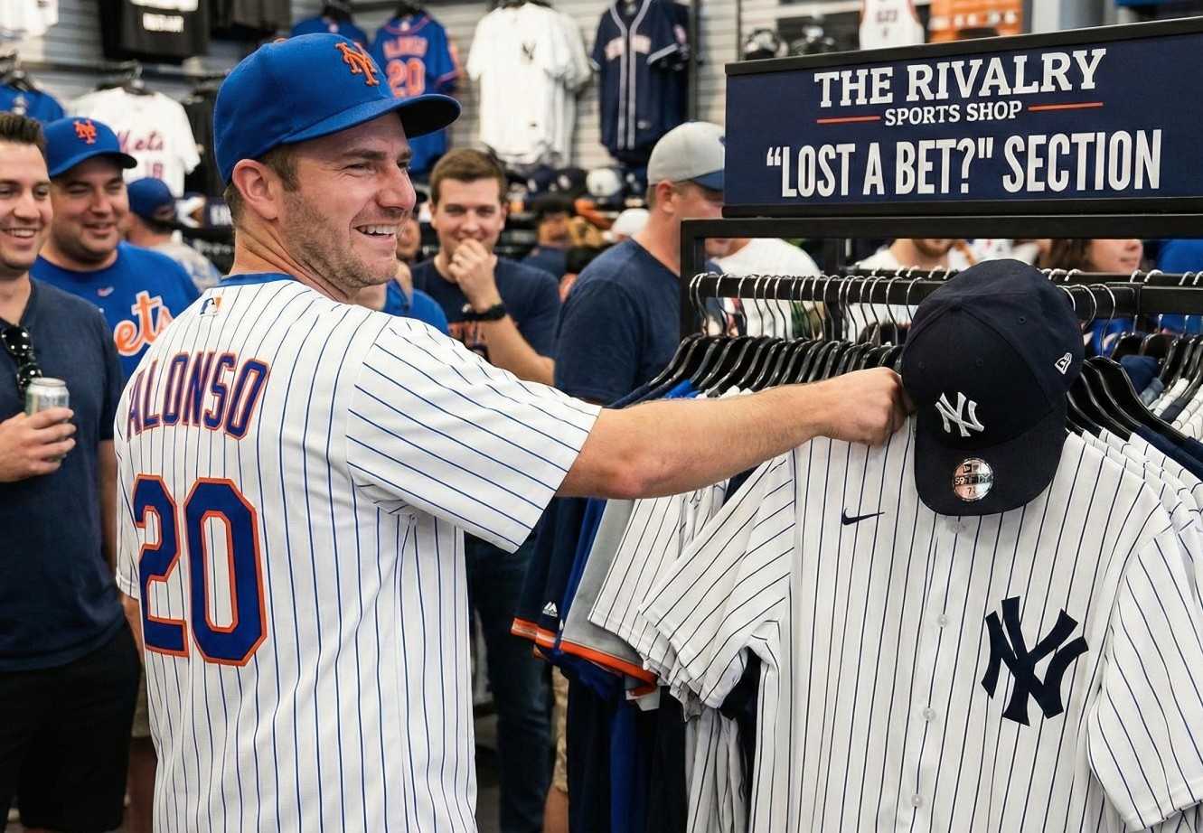 A Mets fan is picking a pinstripes jersey of the Yankees in a New York store.