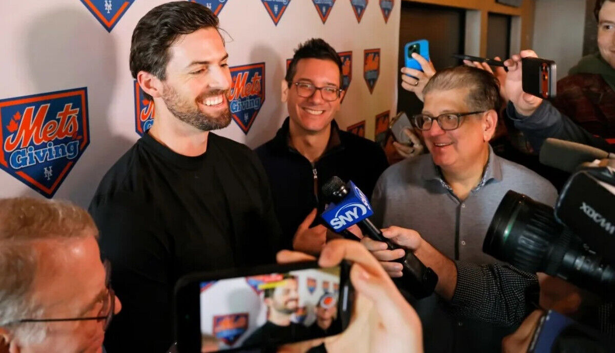 Clay Holmes speaks after the New York Mets Annual Kids Holiday Party.
