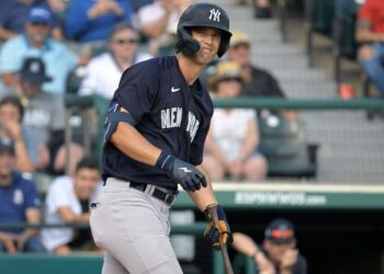 Yankee OF prospect Spencer Jones hits his fourth home run of the Spring Training against the Phillies, March 10, 2026.