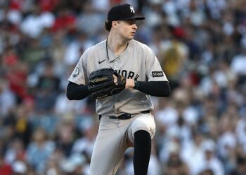Cam Schlittler pitched eight innings to notch a record in the Yankees' 6-3 win over the Angels, Anaheim, September 2, 2026.