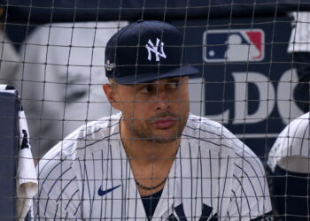 Giancarlo Stanton watches during the Yankees' 9-2 rout of the Red Sox at Yankee Stadium, New York, September 30, 2026.